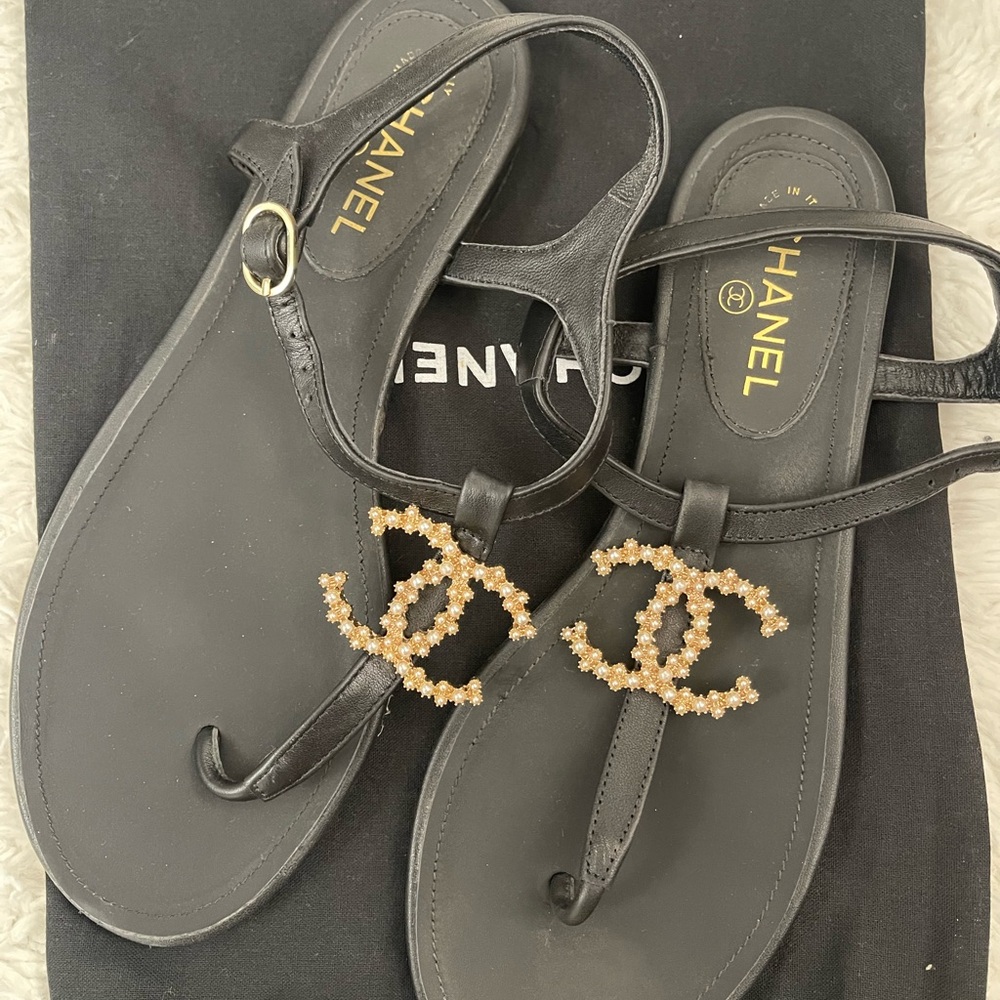 Chanel Black and Gold T-Strap Sandals with Iconic Logo